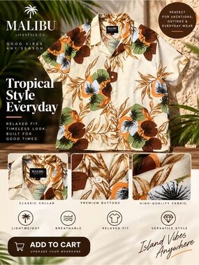 Malibu Cream Tropical Floral Short-Sleeve Button-Up Shirt
